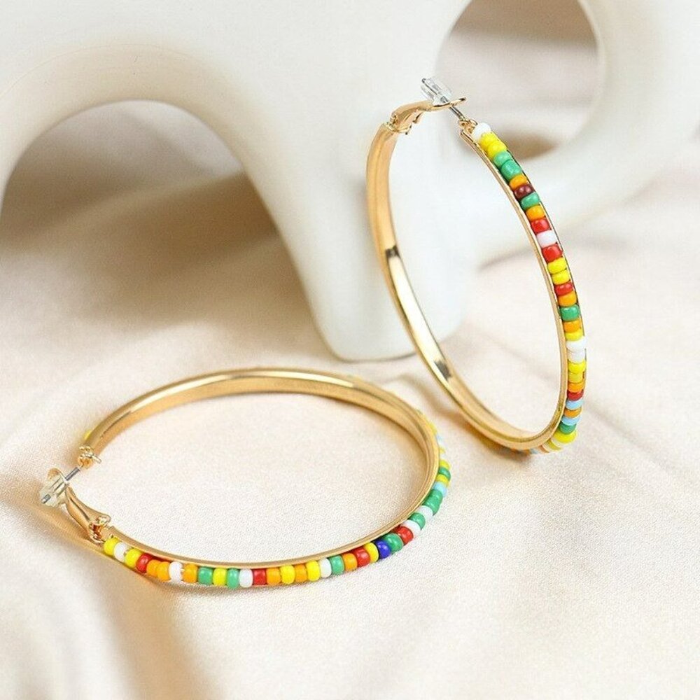 Abby Laurel Multicolored Beads on Gold Large Hoop Earrings Gift Packaged - Picture 2 of 9
